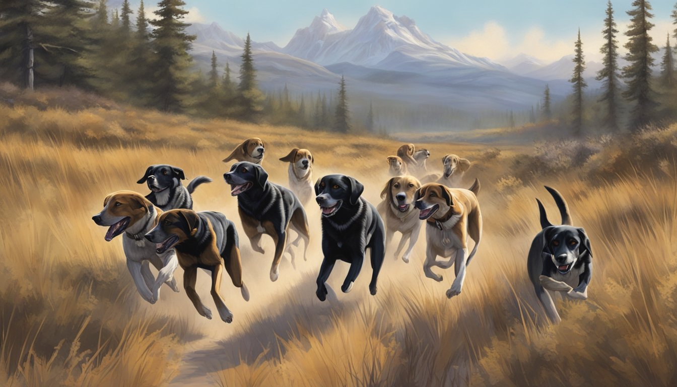 A pack of hunting dogs running through the South Dakota wilderness, their noses to the ground, eagerly searching for game