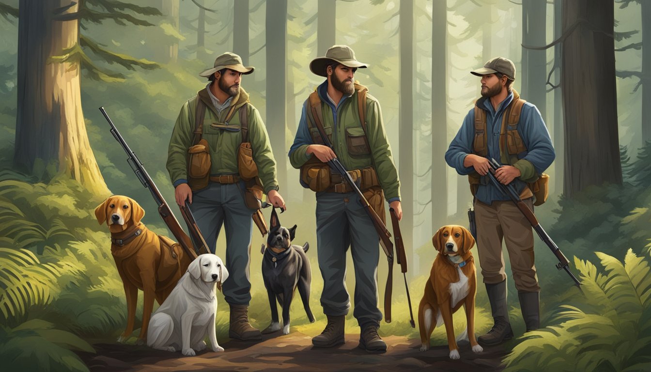 A group of hunters and their dogs prepare for a hunt in the lush forests of Oregon, with the dogs eagerly awaiting the adventure ahead