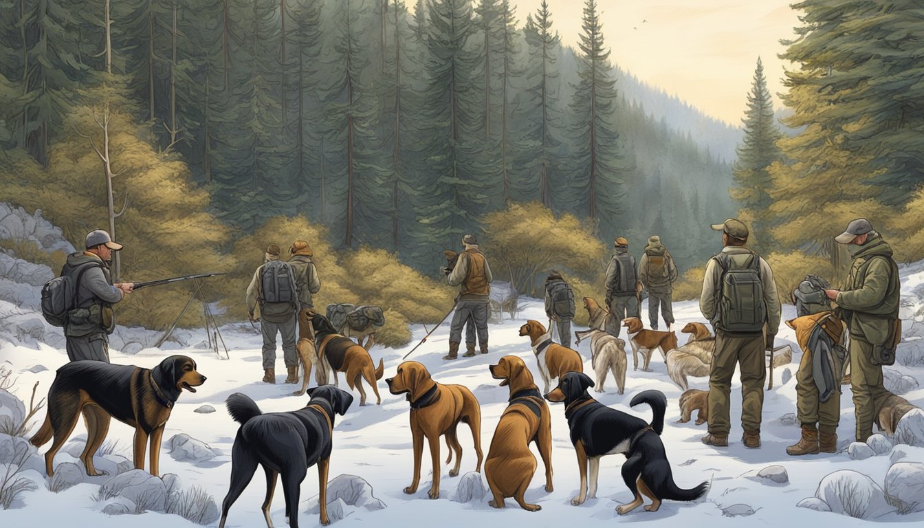 Kennels and breeders gather with hunting dogs in the Oregon wilderness, preparing for a day of tracking and retrieving game