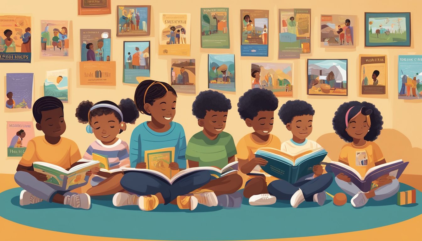 A diverse group of children reading books on Black history, surrounded by colorful illustrations and educational posters