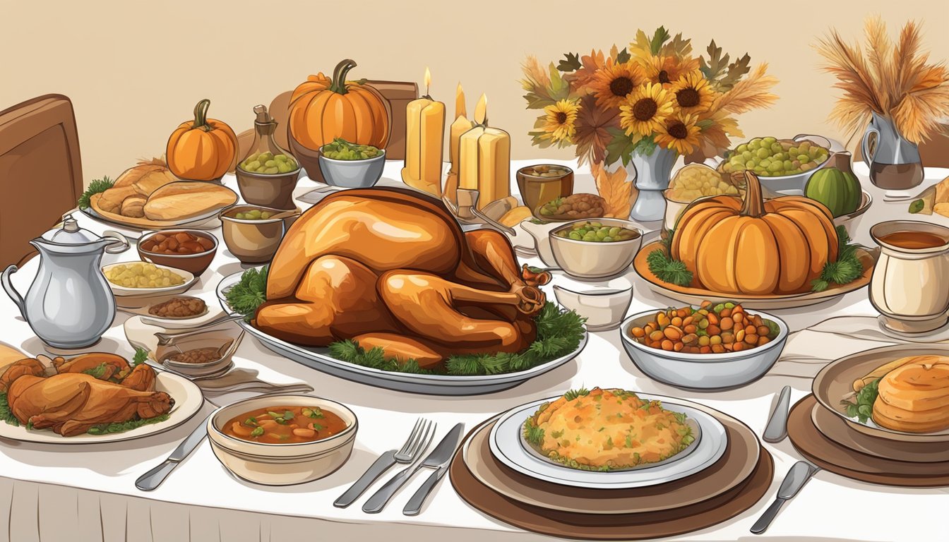 A table set with a simple yet elegant spread of traditional Thanksgiving dishes, surrounded by warm and inviting decor