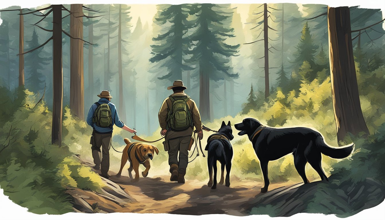 Hunters with dogs tracking wildlife in Oregon forest