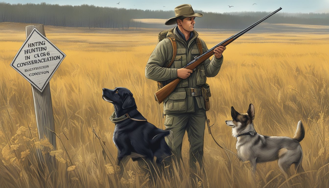 A hunter with a dog in a South Dakota field, surrounded by hunting regulations and conservation signs