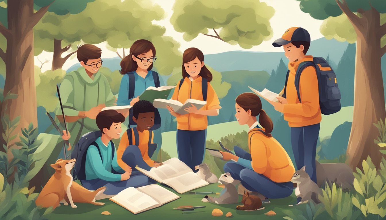 A group of students study outdoors with a teacher, surrounded by nature and wildlife. They engage in hands-on activities and learn about hunting safety