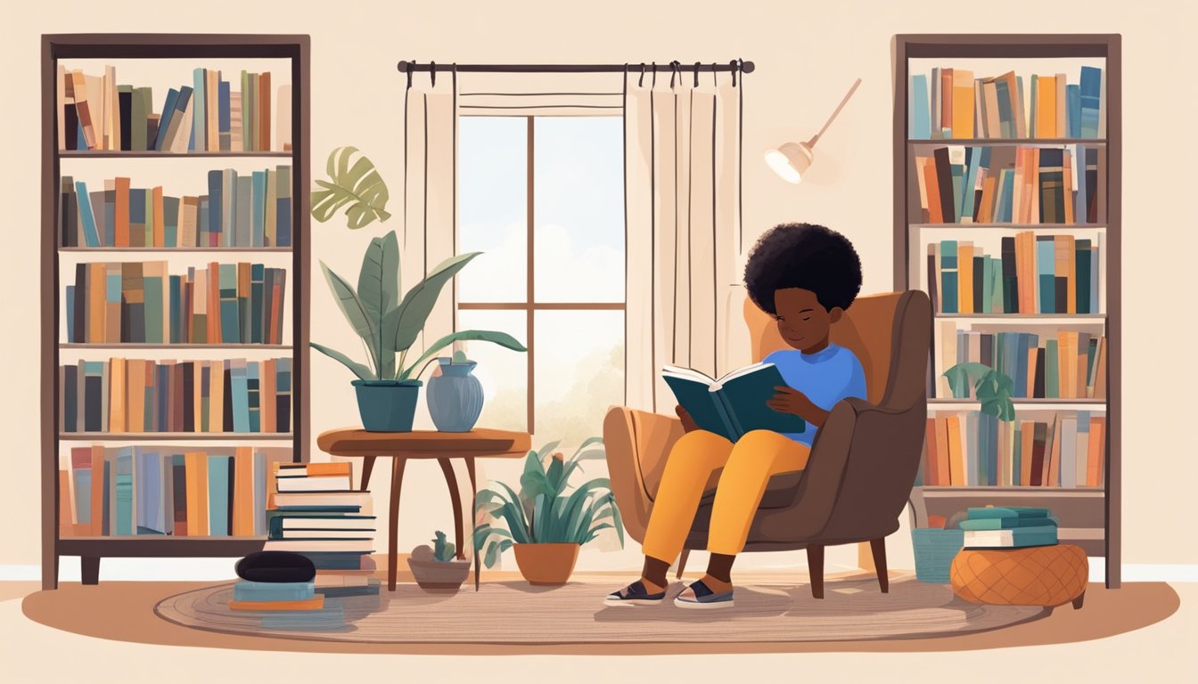 A cozy living room with a bookshelf filled with diverse books, a comfortable chair, and a child engrossed in reading a book about black culture