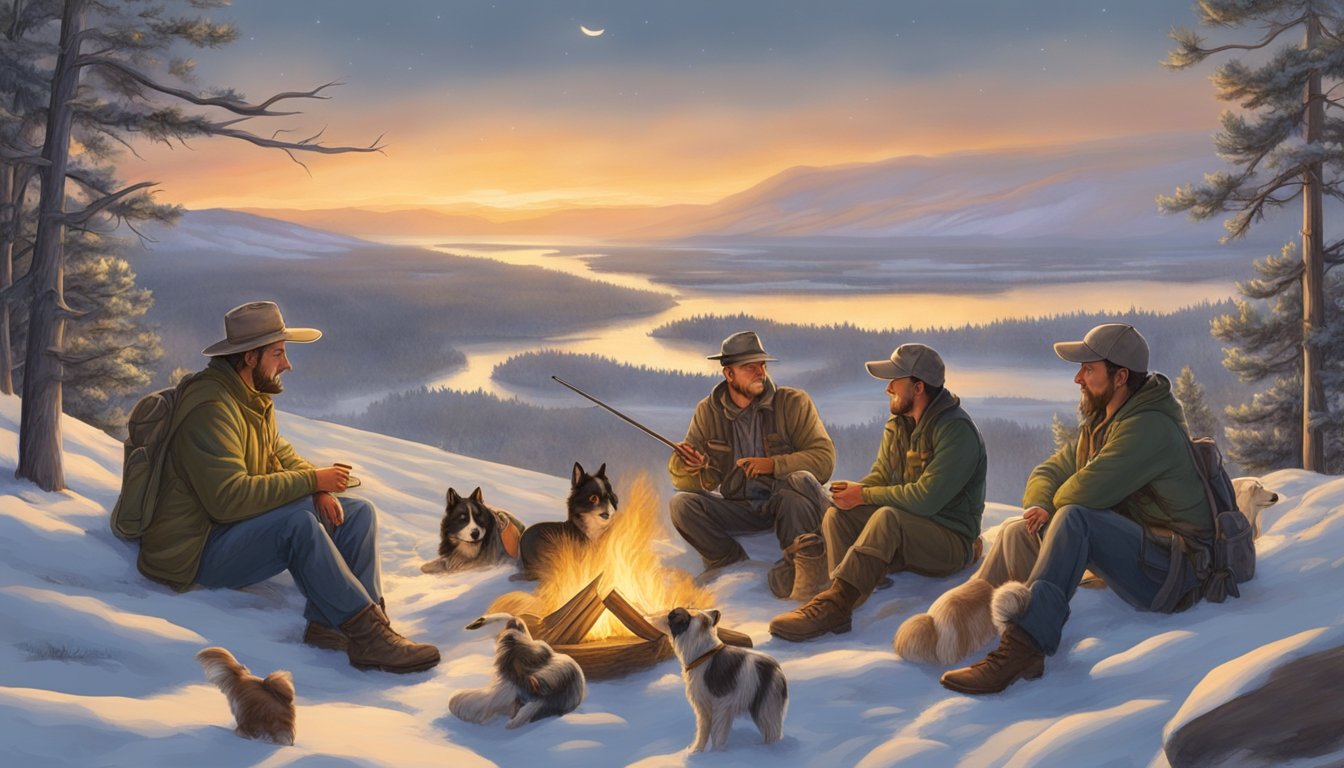 Hunting companions and dogs in South Dakota, resting by a campfire, surrounded by the peaceful wilderness