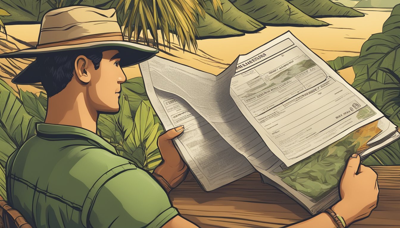 A hunter holding a hunting license in one hand while reading legal considerations in a Hawaiian setting