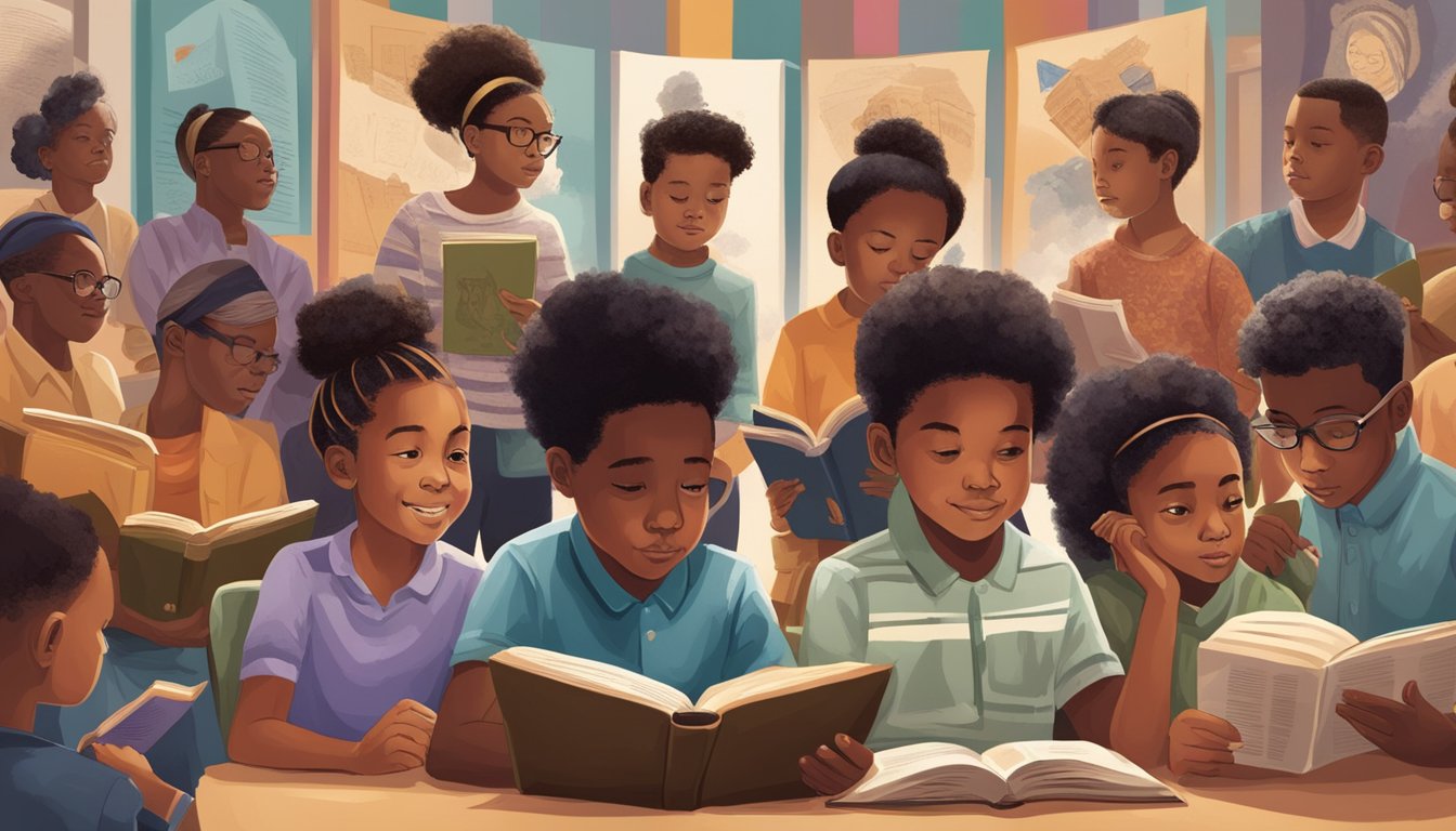 A diverse group of children reading books about black history, surrounded by images of significant events and figures