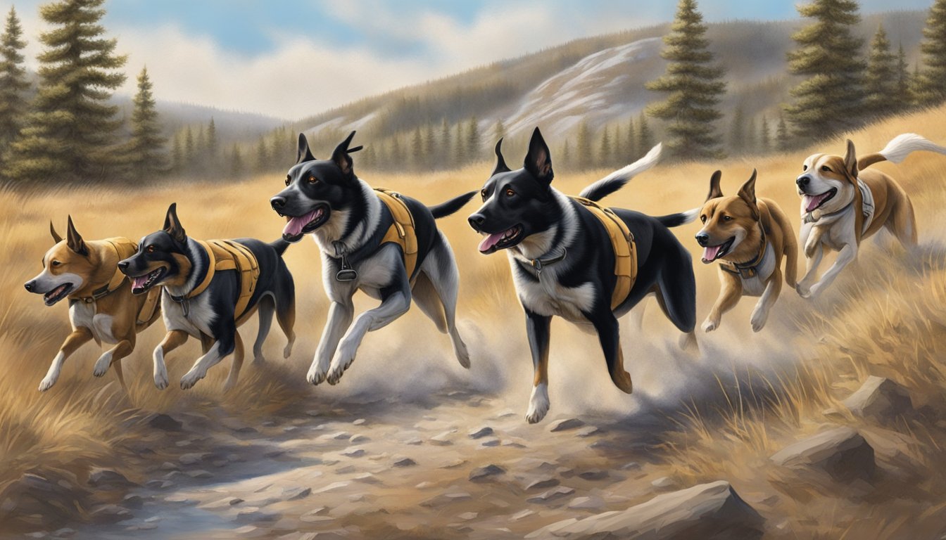 A pack of hunting dogs eagerly track a scent through the rugged terrain of South Dakota, their tails wagging with excitement as they compete in a hunting test