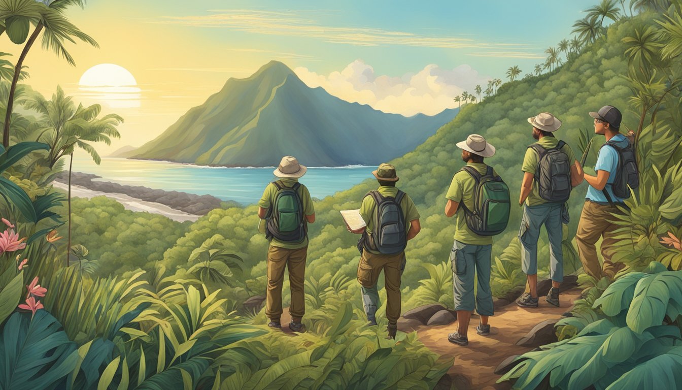 A group of wildlife enthusiasts in Hawaii studying and identifying local flora and fauna, emphasizing conservation and ethical hunting practices