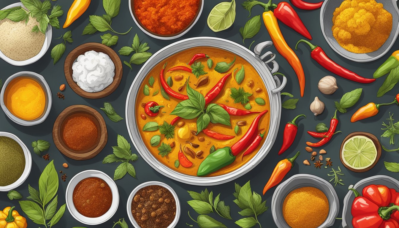 A colorful array of spicy foods, including peppers, curry, and hot sauce, surrounded by vibrant herbs and spices