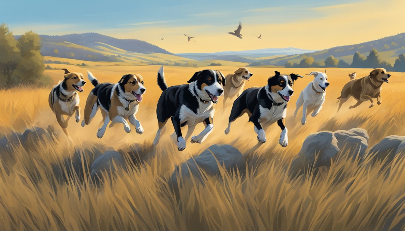 A pack of hunting dogs running through a field in South Dakota, with a backdrop of rolling hills and a clear blue sky