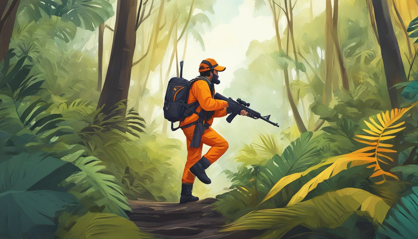 A hunter in Hawaii carefully navigating through dense forest, wearing bright orange safety gear and carrying a firearm, while being mindful of potential hazards