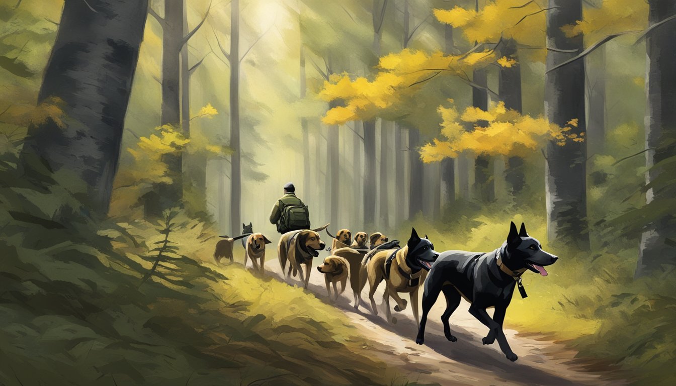 A hunter with a pack of dogs traversing through a dense forest in Rhode Island, following the state's legislation and regulations for hunting with dogs