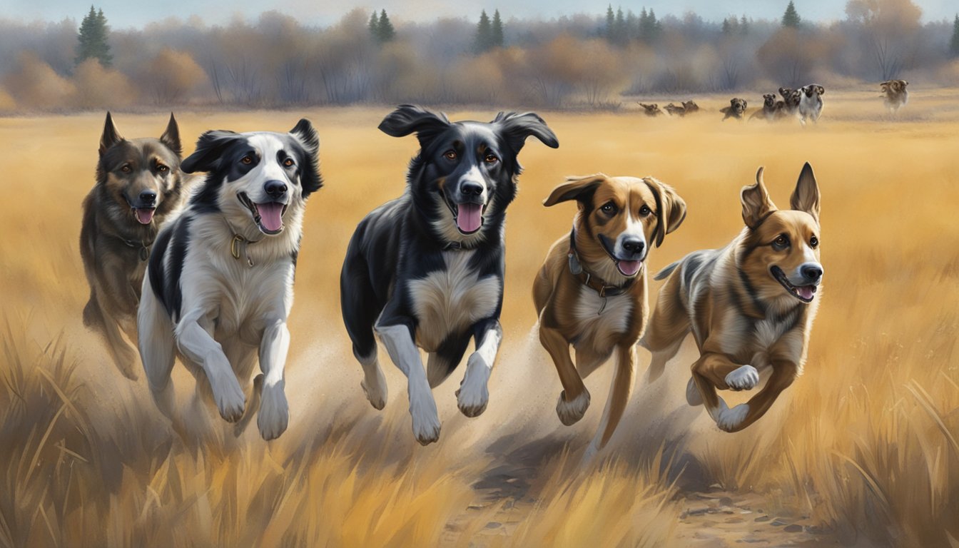 Hunting dogs running through a field in South Dakota, tails wagging, with a family in the background