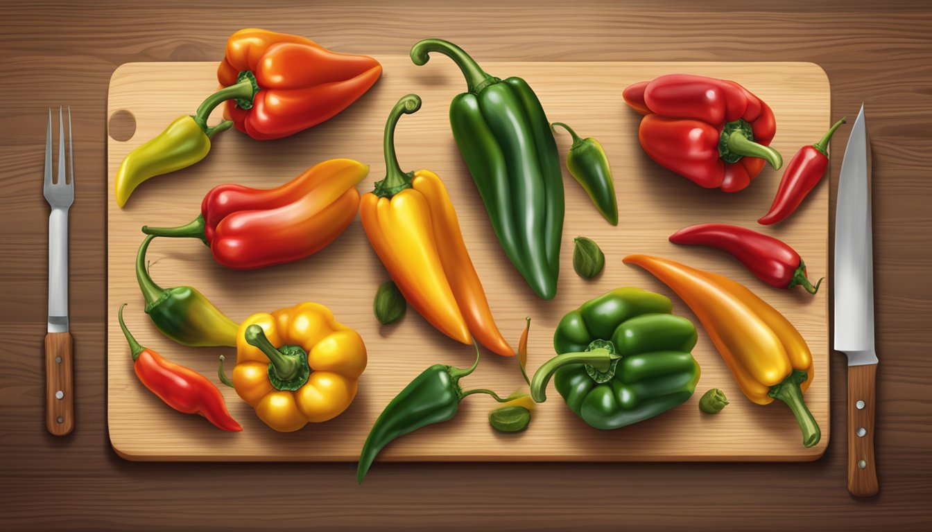 A variety of peppers, from mild to extremely hot, arranged on a wooden cutting board