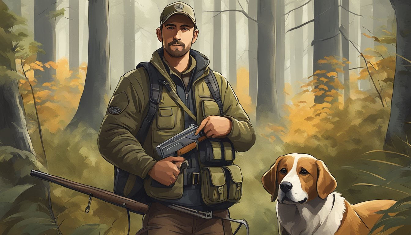 A hunter with a dog holding a hunting license in a wooded area