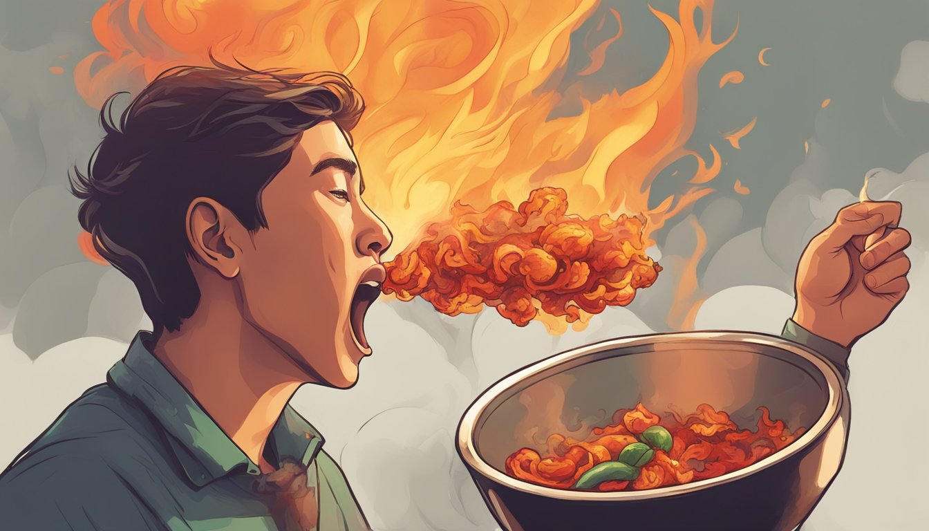 A person's face turning red, steam coming out of their ears, and flames shooting out of their mouth after eating spicy food