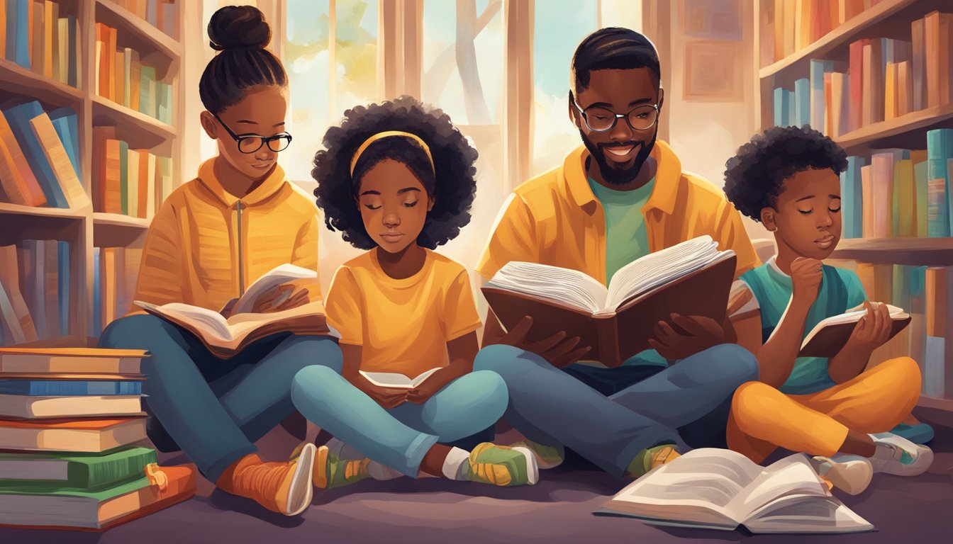 A diverse group of children reading books on black history, surrounded by colorful illustrations and vibrant storytelling