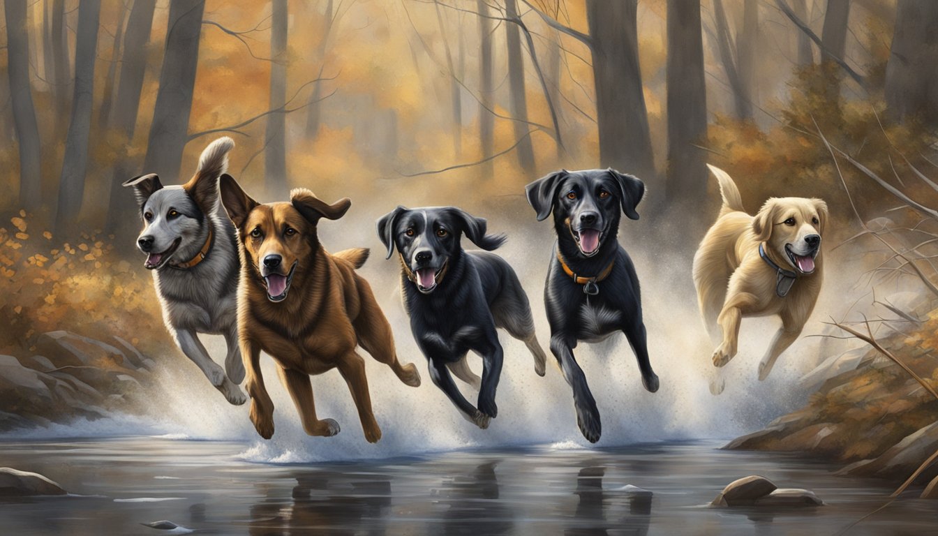 A pack of hunting dogs chasing after a variety of game in the Rhode Island wilderness during hunting season