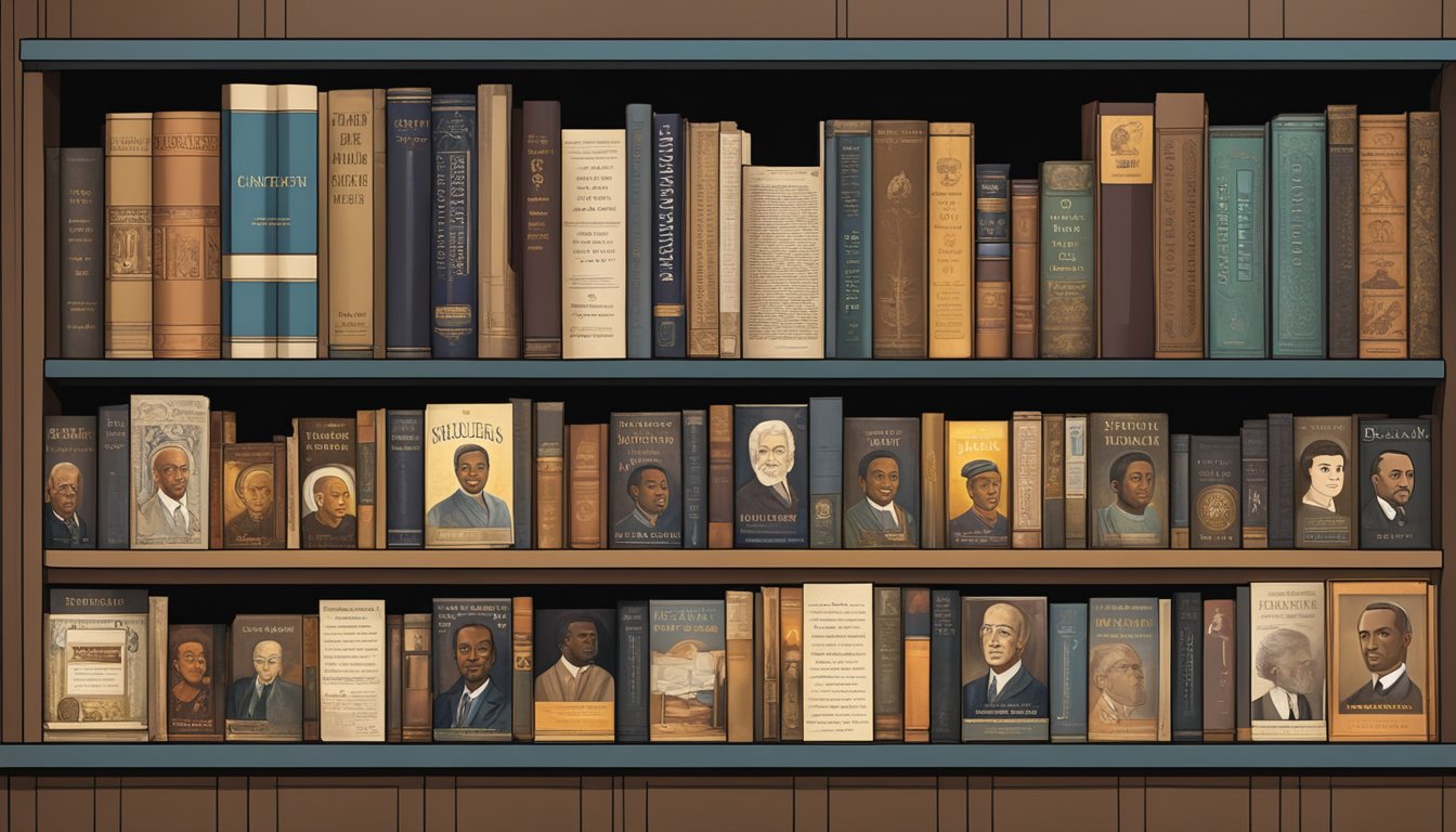 A diverse collection of biographies and historical accounts displayed on a bookshelf, with a spotlight shining on them for Black History Month