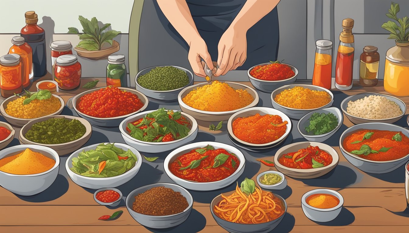 A table set with an array of spicy dishes, including peppers, hot sauces, and fiery seasonings. A person hesitates, hand hovering over the food