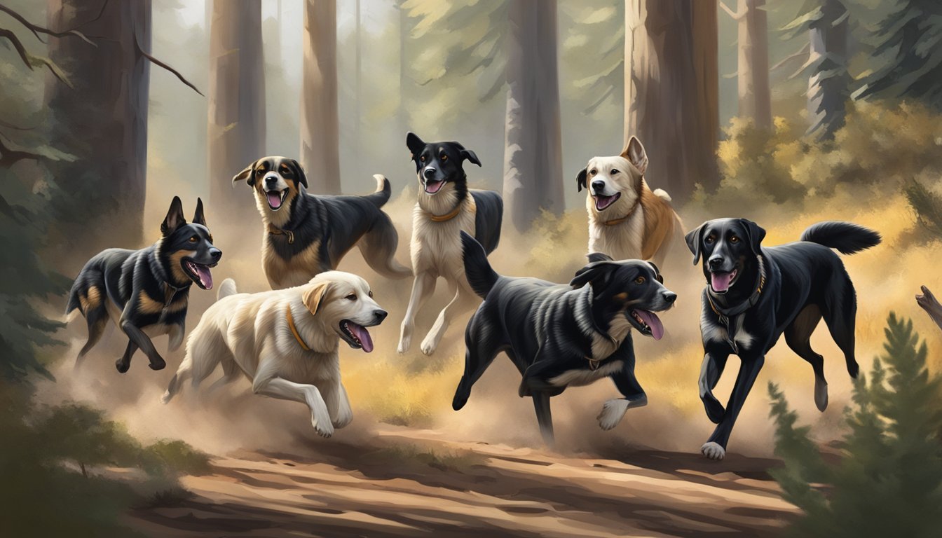 A pack of hunting dogs running through a dense Utah forest, their noses to the ground, eagerly tracking their prey