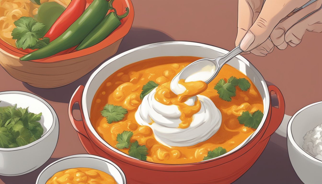 A person adding a dollop of yogurt to a fiery red bowl of spicy curry