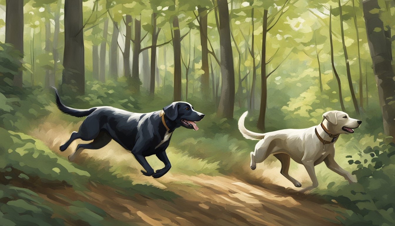 Dogs chasing game through wooded Rhode Island terrain