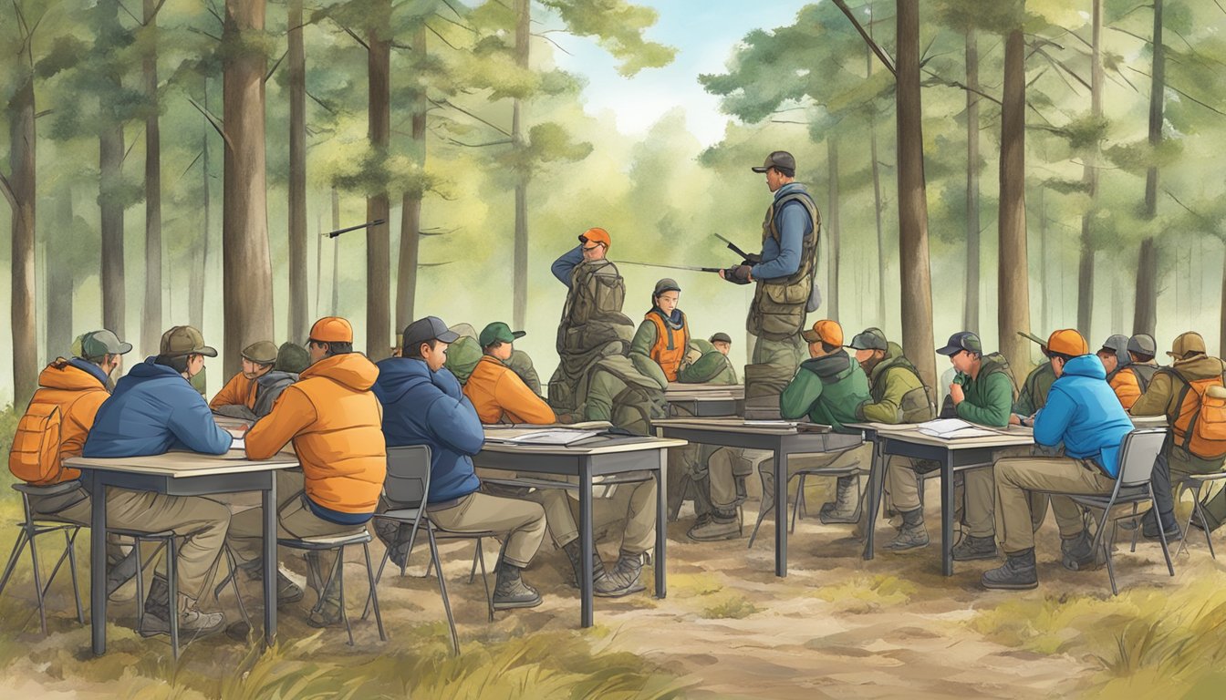 A hunter safety course setting with a classroom, instructor, and students studying for certification exam. Outdoor hunting gear and equipment displayed