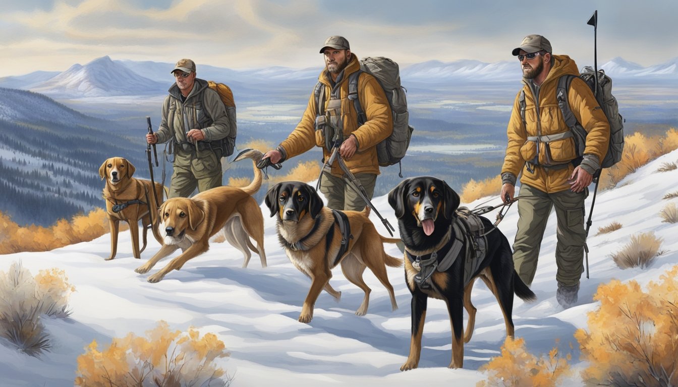 A group of hunting dogs in Utah's wilderness, equipped with essential training gear, led by their handlers on a hunting expedition