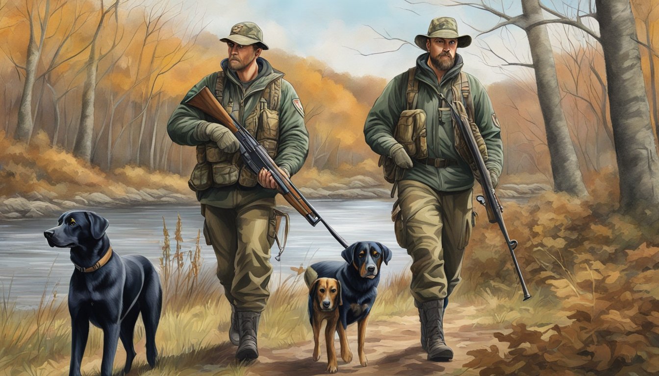 A hunter with a rifle and camouflage gear, accompanied by two hunting dogs, traverses a wooded area in Rhode Island