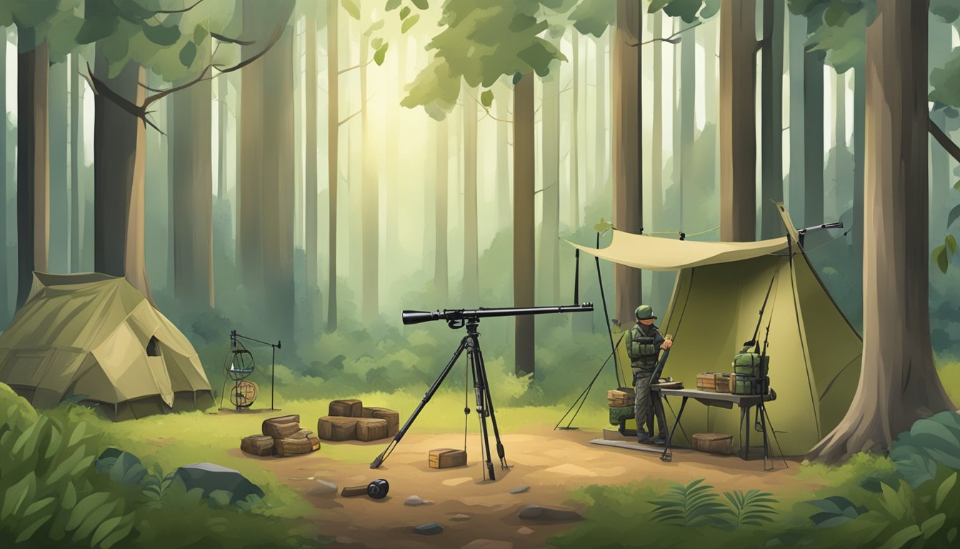 A tranquil forest clearing with a hunter's safety course set up, featuring targets, safety equipment, and educational materials