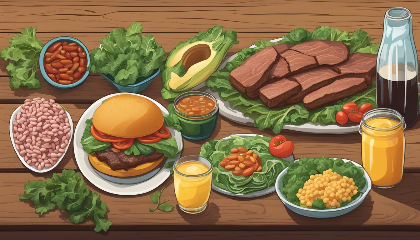 A colorful array of Texan foods, including beef, beans, and leafy greens, arranged on a rustic wooden table