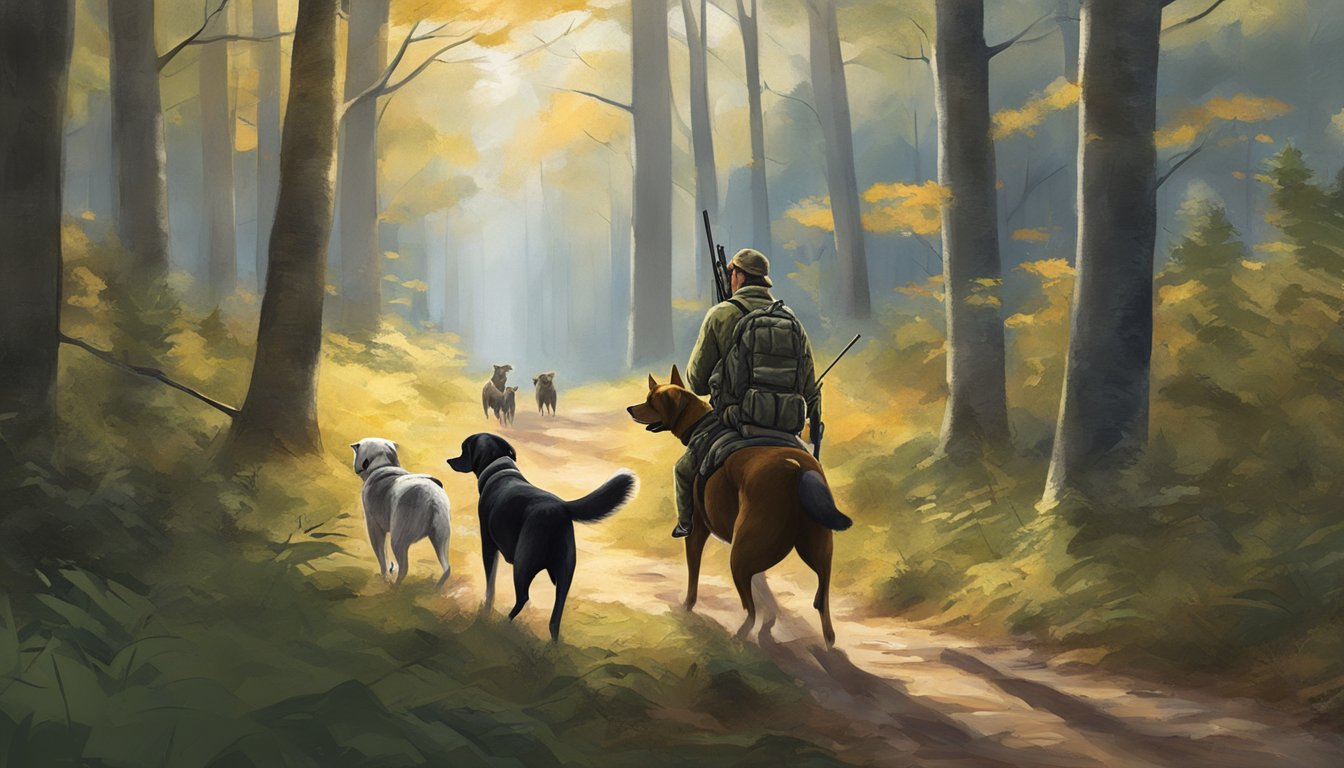 A hunter and two dogs navigate through a wooded area in Rhode Island, following safety and best practices for hunting