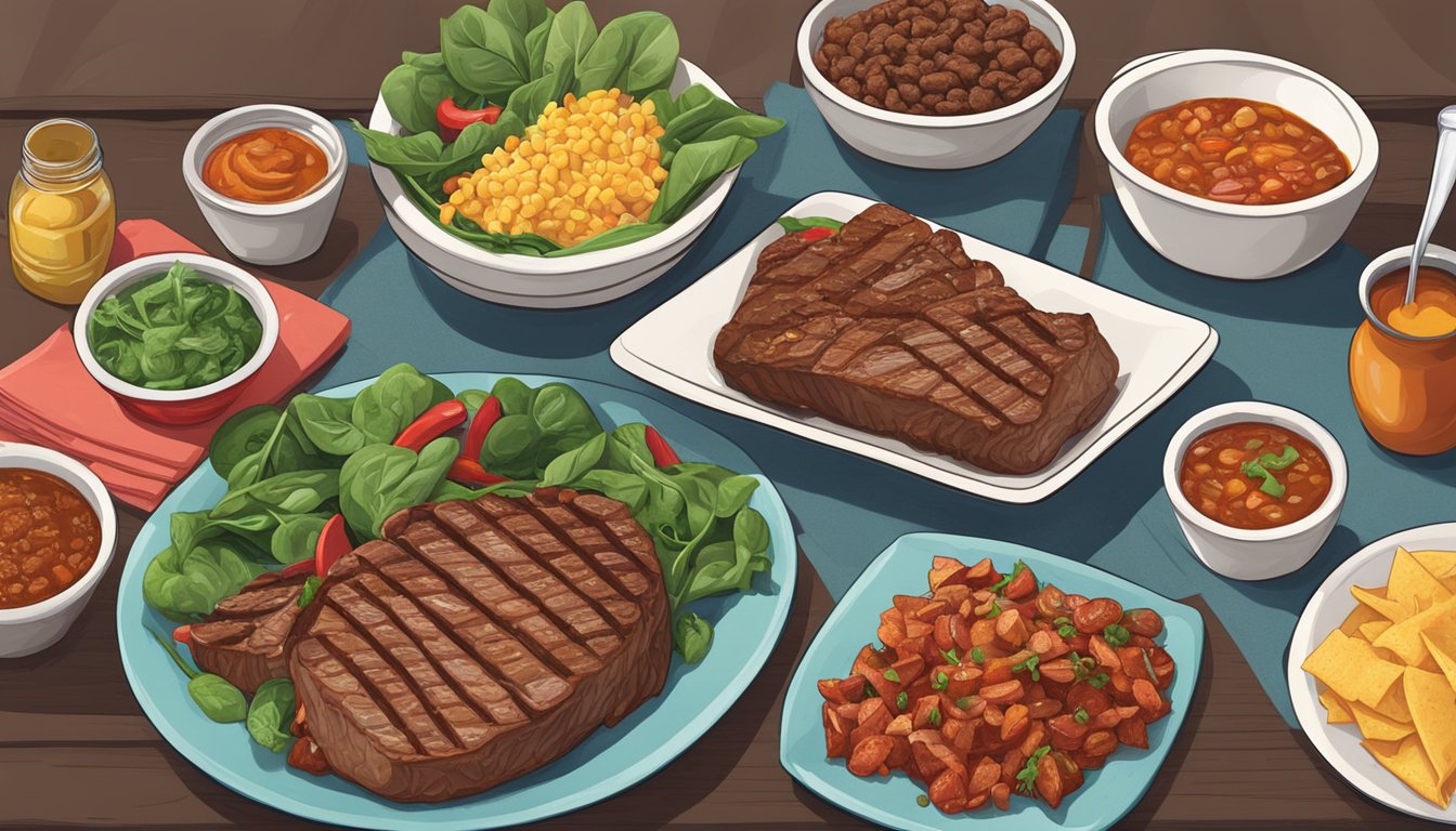 A colorful spread of Texan foods rich in iron, including juicy steaks, hearty chili, and vibrant spinach salad