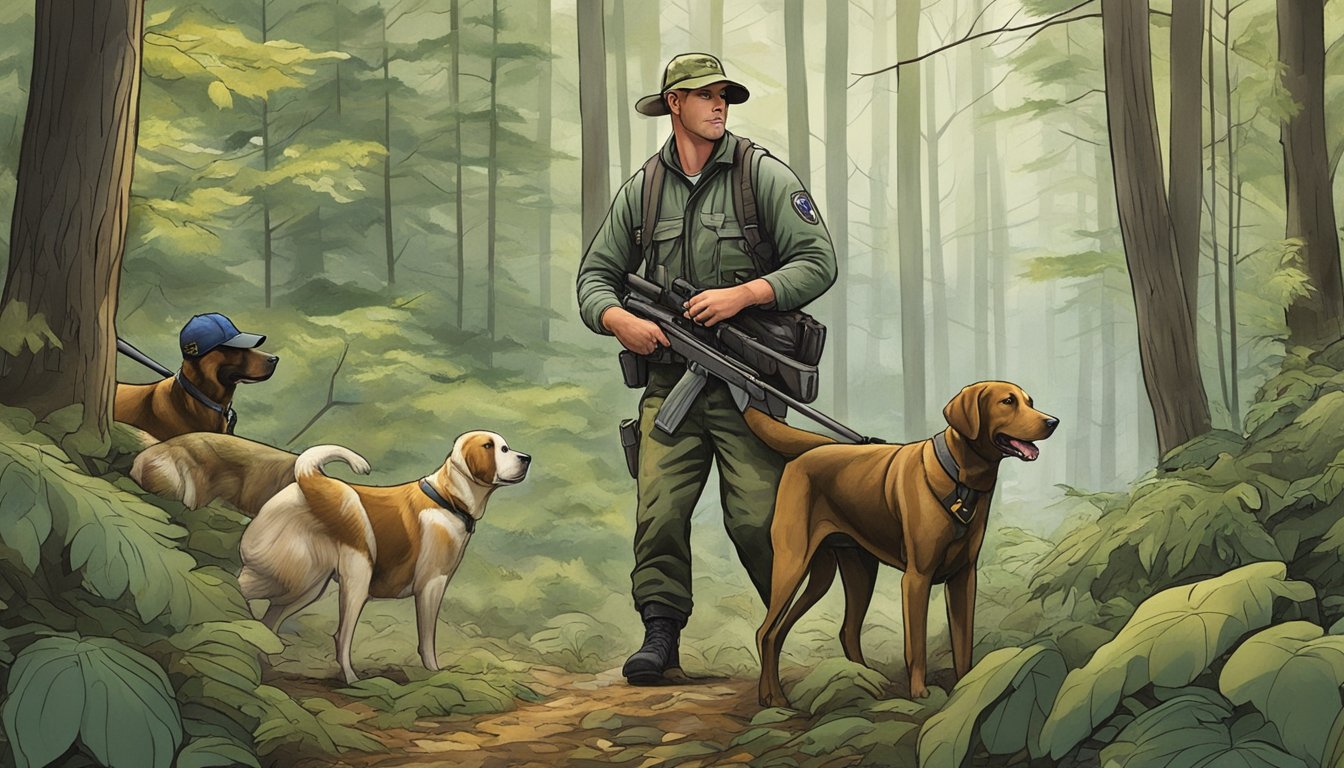 Dogs and hunters tracking wildlife in the forests of Rhode Island