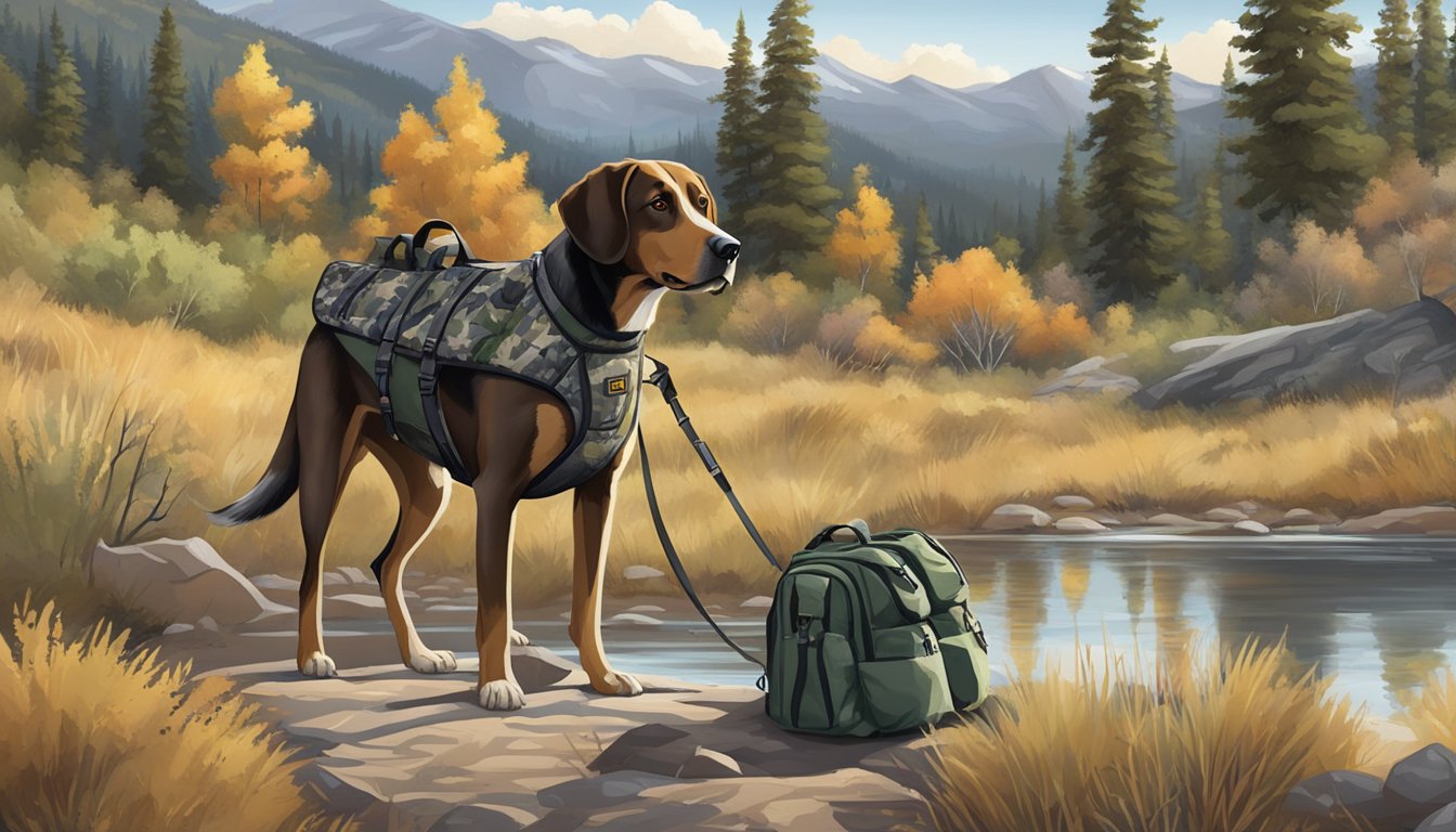 A hunting dog with a camouflage vest and a sturdy leash stands beside a backpack filled with water, food, and hunting gear in the Utah wilderness