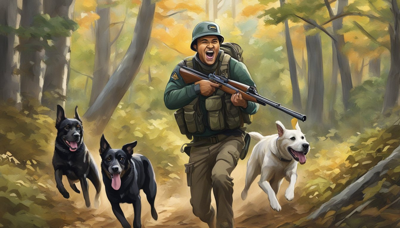 Dogs running through a wooded area in Rhode Island, with a hunter carrying a rifle and a sense of excitement in the air