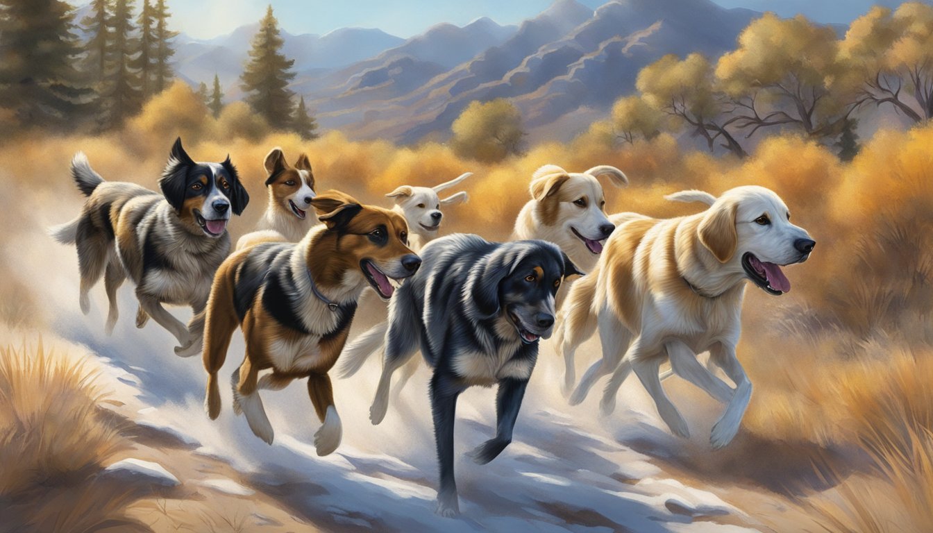 A group of hunting dogs running through the Utah wilderness, their coats glistening in the sunlight as they eagerly pursue their prey