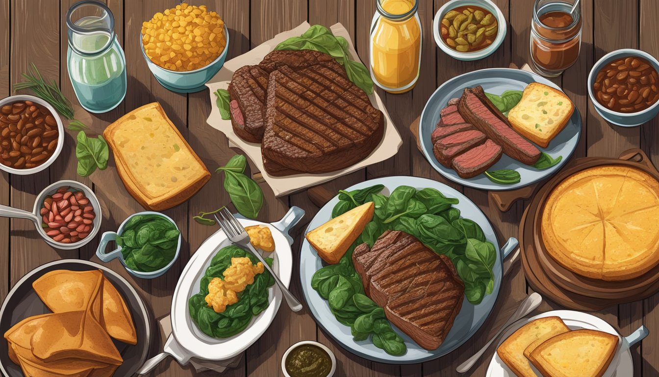 A colorful spread of Texan dishes rich in iron, including grilled steak, beans, spinach, and cornbread on a rustic wooden table