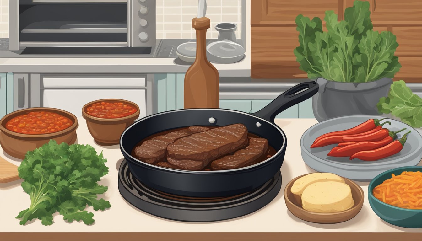 A rustic Texan kitchen with a cast iron skillet sizzling with steak, a pot of chili simmering on the stove, and a bowl of leafy greens on the counter