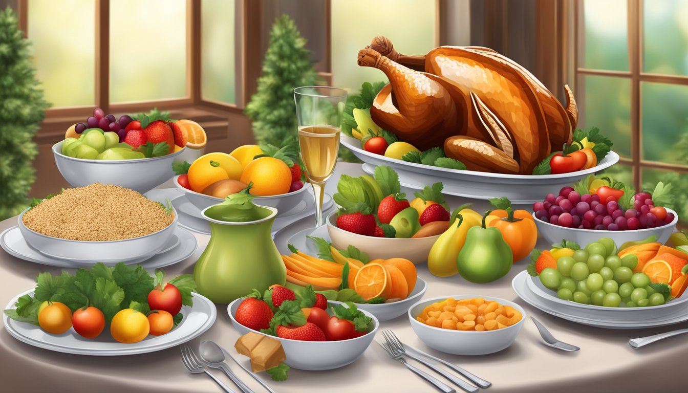 A festive table set with a variety of colorful, fresh fruits and vegetables, alongside a roasted turkey and whole grain side dishes