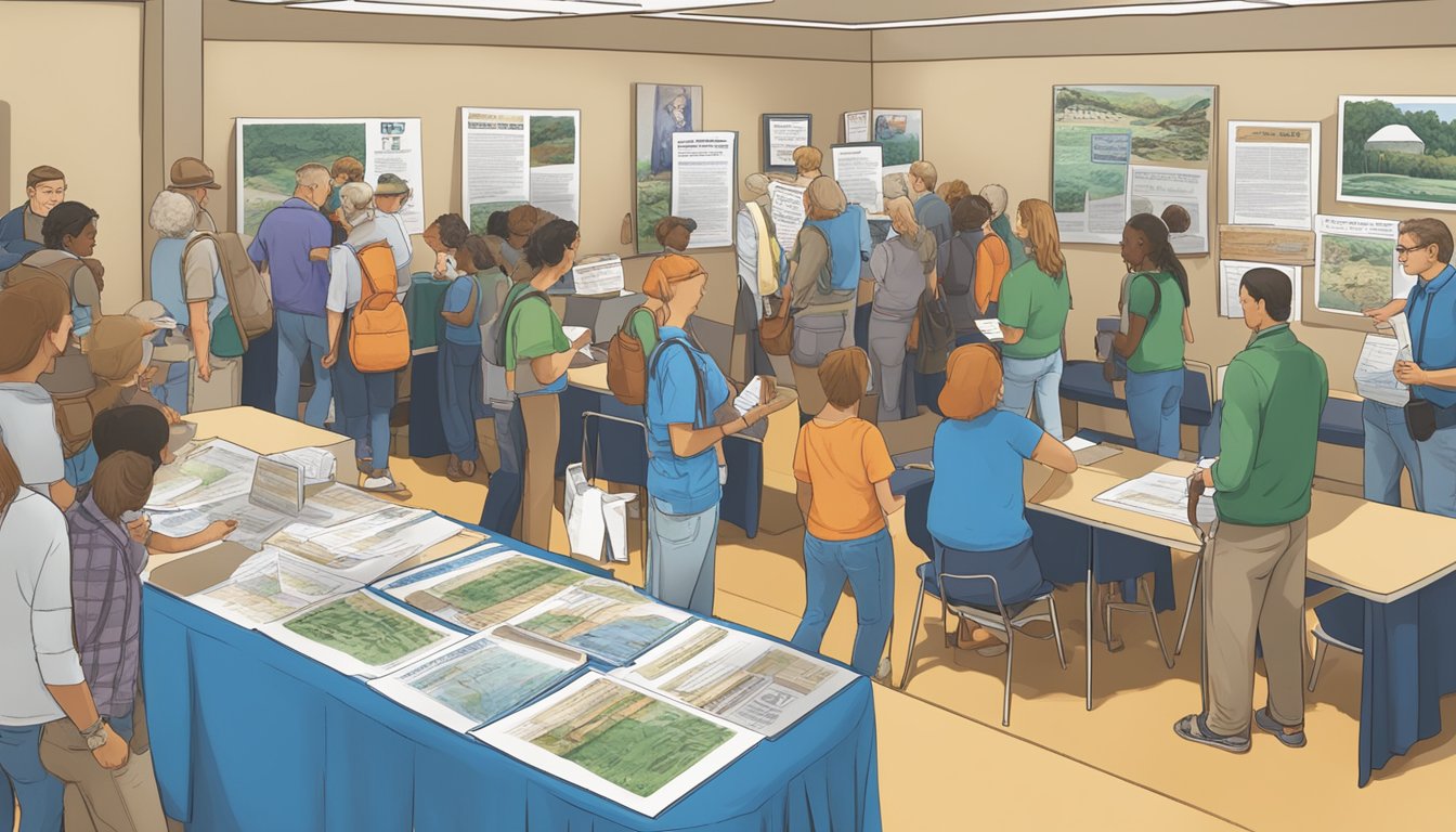 A group of people gather at a registration table surrounded by informational posters and pamphlets about Kentucky hunter education courses