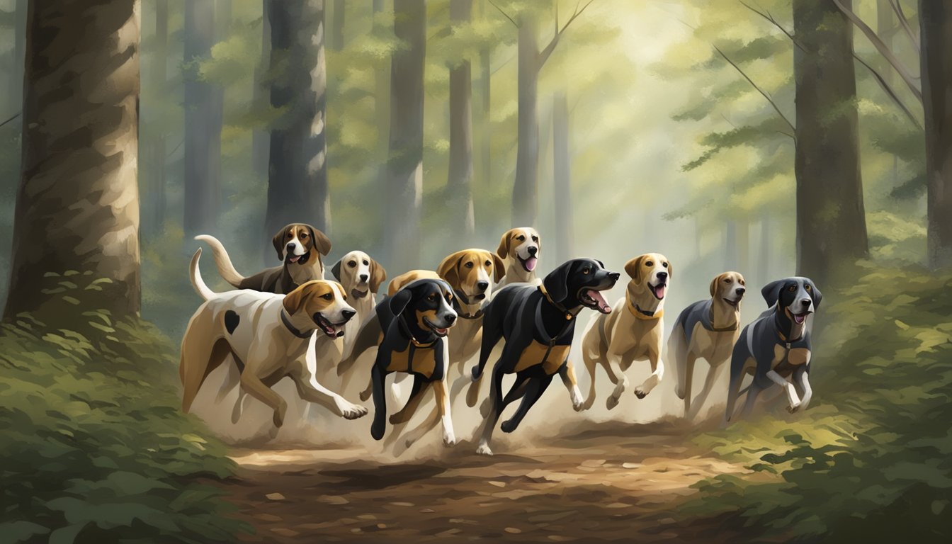 A pack of hounds running through a dense forest, following the scent of prey under the Tennessee legal framework for hunting with dogs