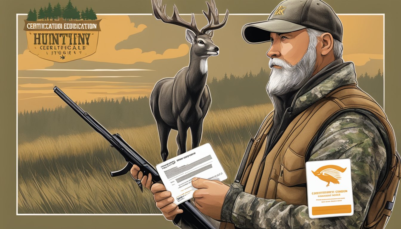 A hunter holding a certification card in front of a Kentucky hunting education poster