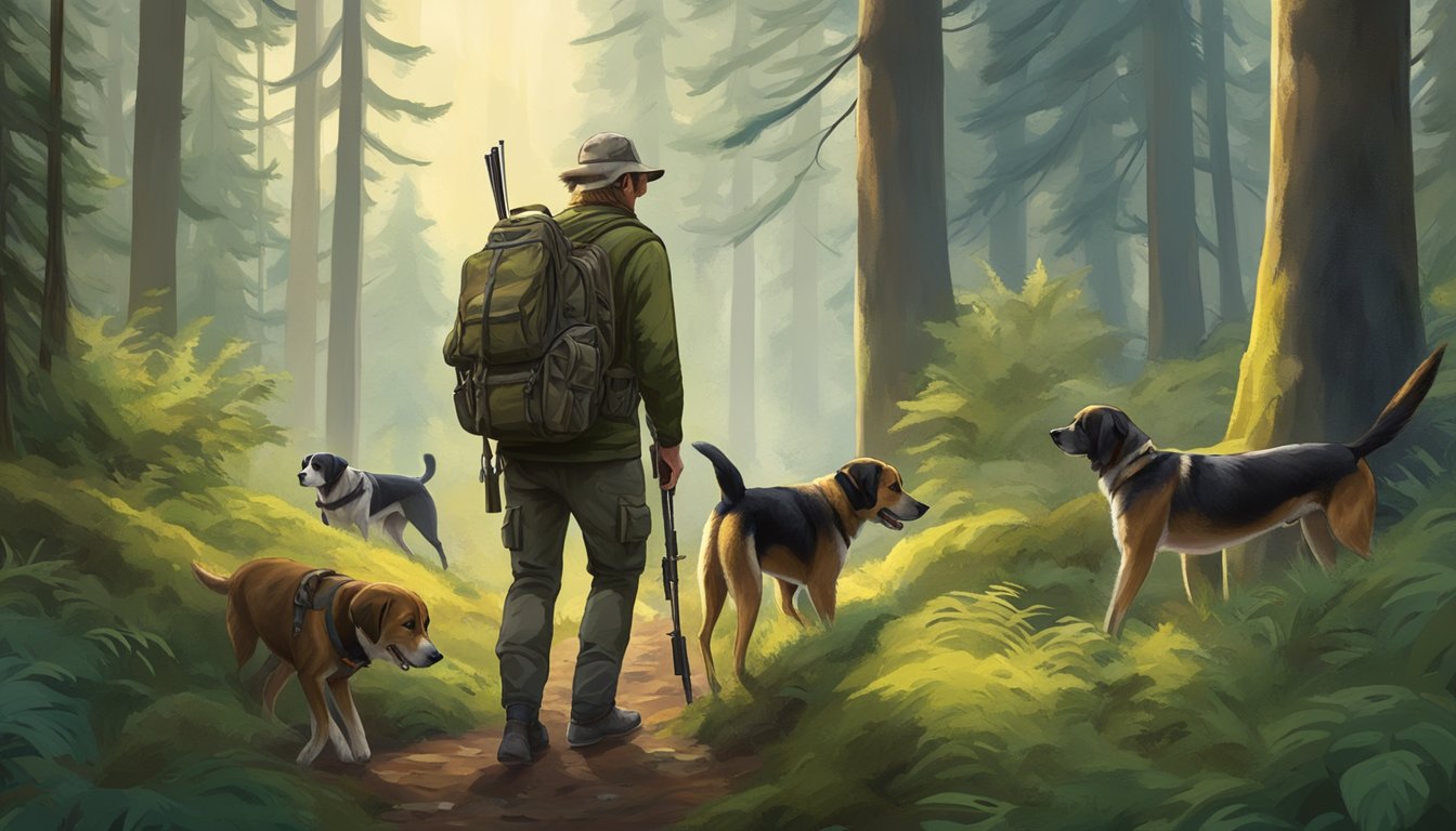 A hunter with a rifle and a pack of hunting dogs trek through the dense forest of Washington, surrounded by towering trees and thick underbrush