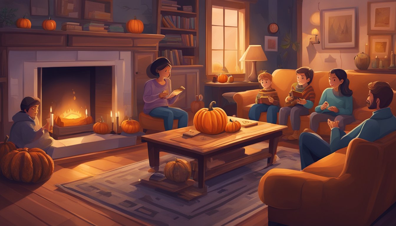 A cozy living room with a crackling fireplace, a carved pumpkin on the coffee table, and a family gathered around playing board games and telling spooky stories