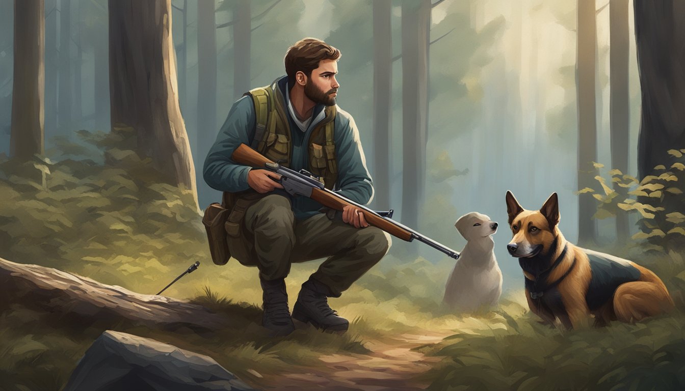 A hunter with a dog in a forest, both looking alert and focused. The hunter is holding a rifle, and the dog is sniffing the ground