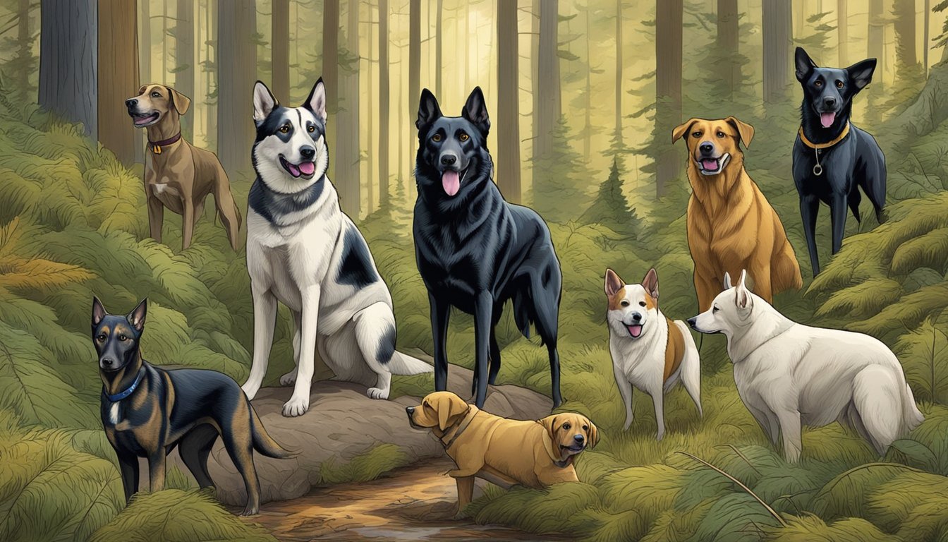 Dogs of various breeds work together to hunt in the forests of Washington